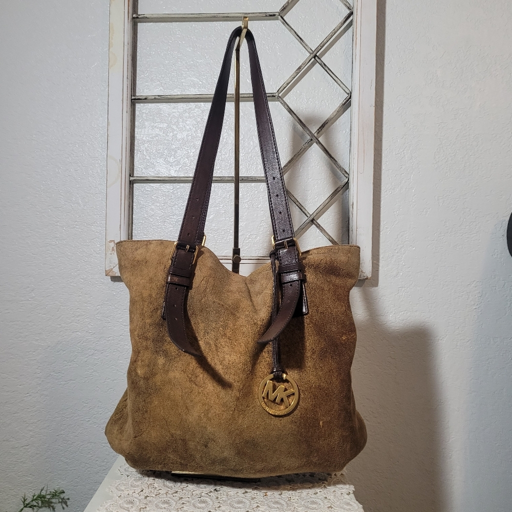 Michael Kors Brown Soft Suede Leather Shoulder Tote Bucketbag Adjustable Straps